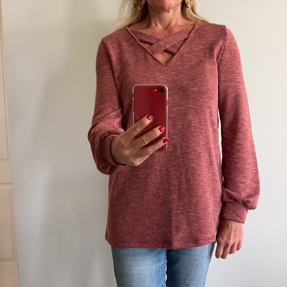 Burgundy, Ribbed Long Sleeve Tunic Top - Picture 4 of 10